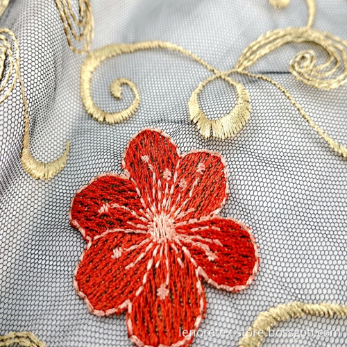 Polyester Black Knitted Mesh Flower Embroider Lace Fabric